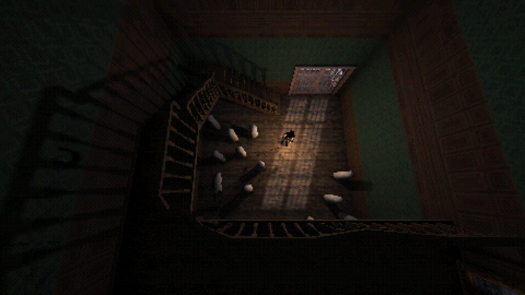 The camera looks down a the player from atop a dark staircase