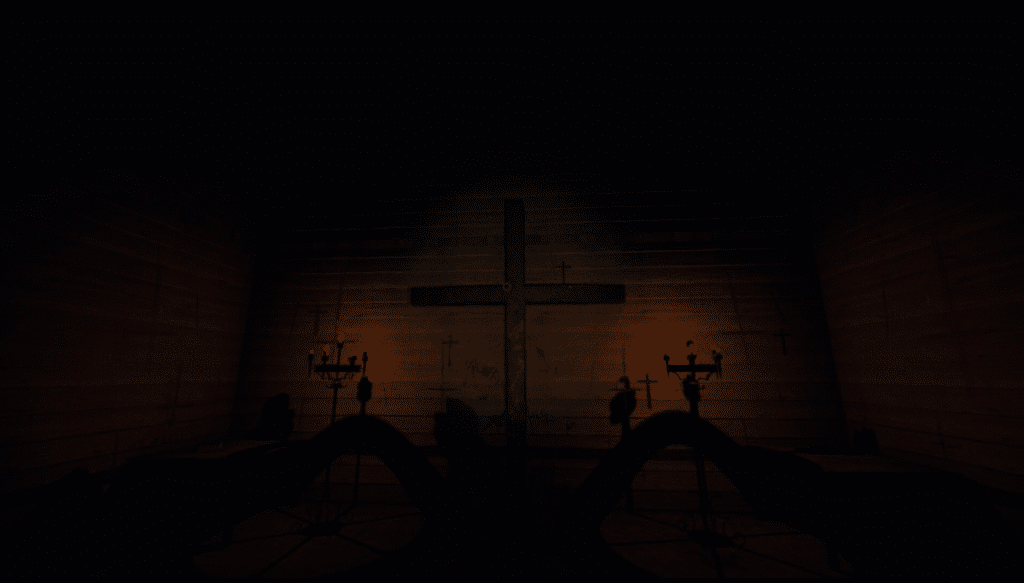 A cross hang in a dimly lit room on a bloody wall