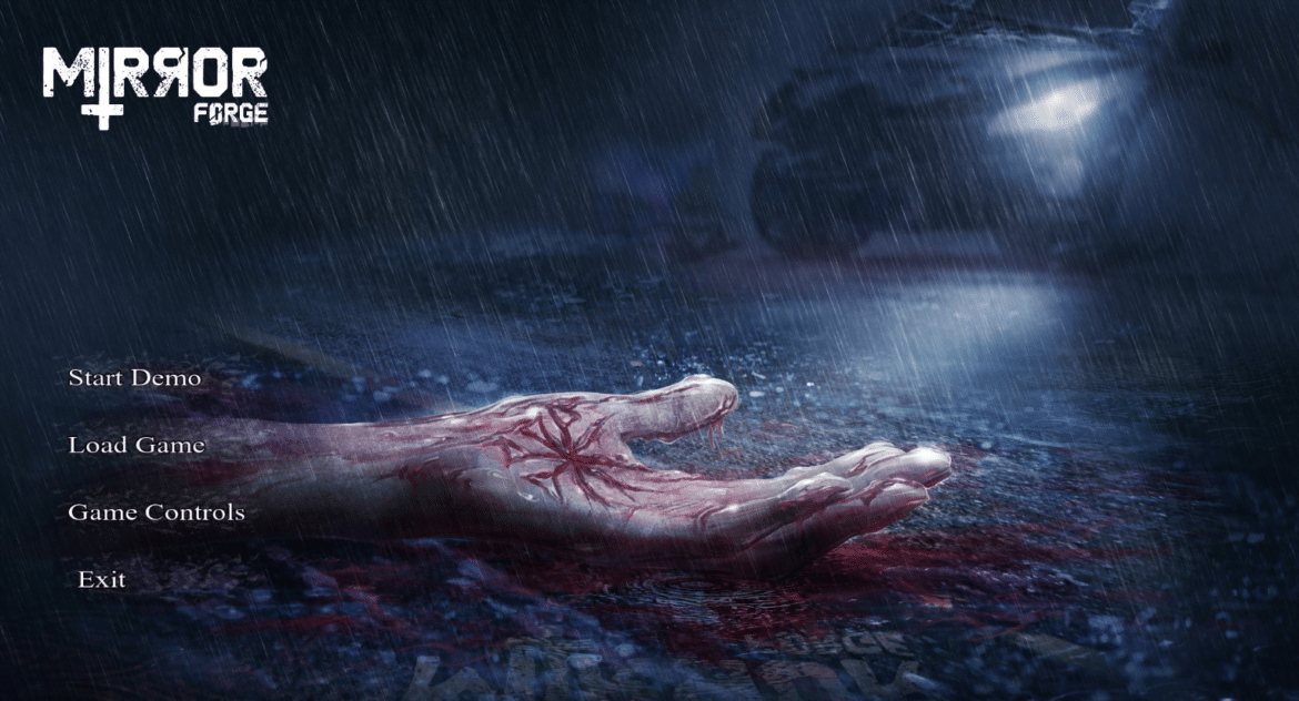 A hand lays palm up on the rain-covered ground. The hand is illuminated by car headlights