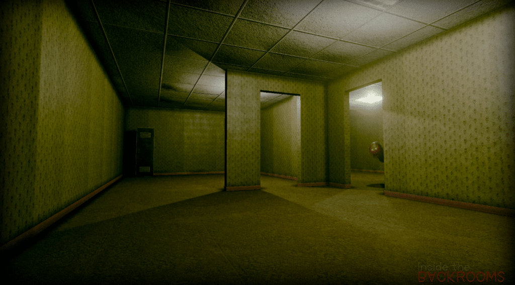 A dimly lit hallway lined with yello wallpaper. A creature with red eyes peeks around the corner