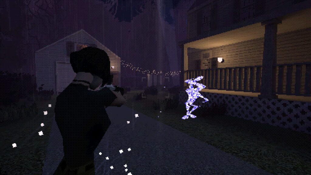 A humanoid creature stands infron to the character, who is armed with a camera