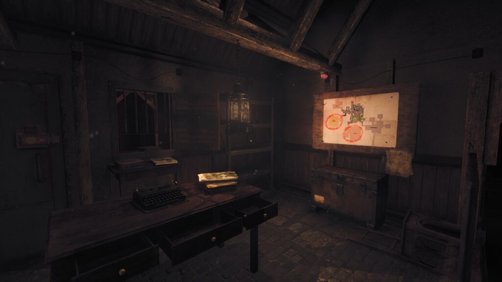A safe room with a map, a chest and a lantern