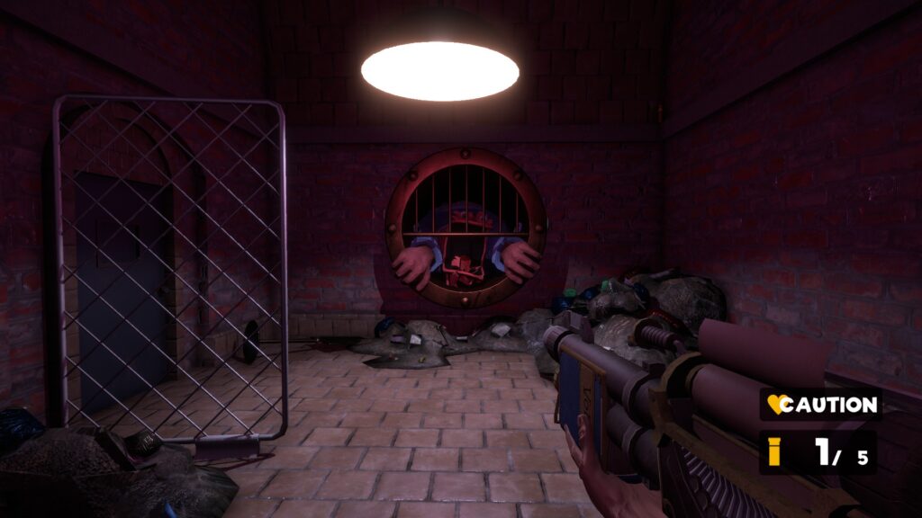 A large puppet is looking at the player from within a sewer drain 