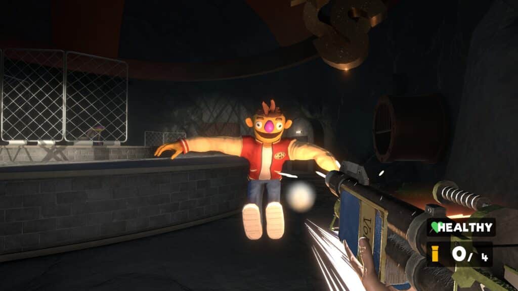 The player blasts a puppet away with a shotgun 