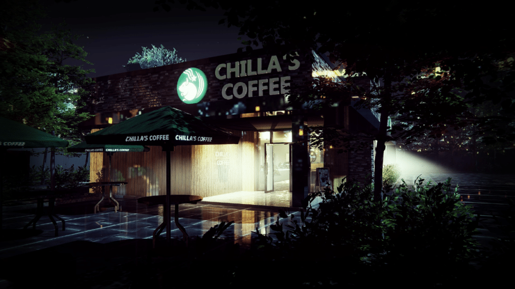 A coffee shop a nighttime. Bold letters read "Chilla's Coffee"
