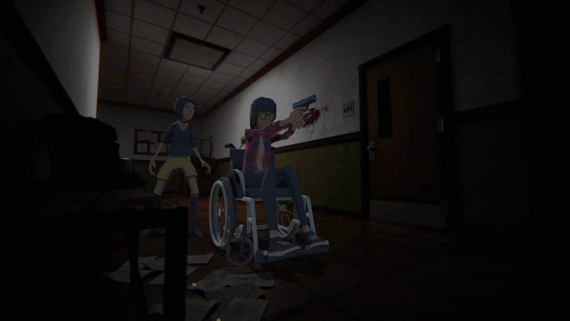 A character in a wheelchair aims a gun, while another character watches