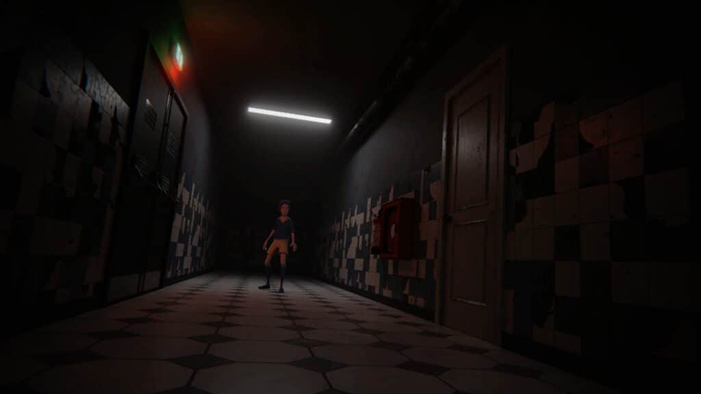 A character stands at the and of a dark apartment hallway