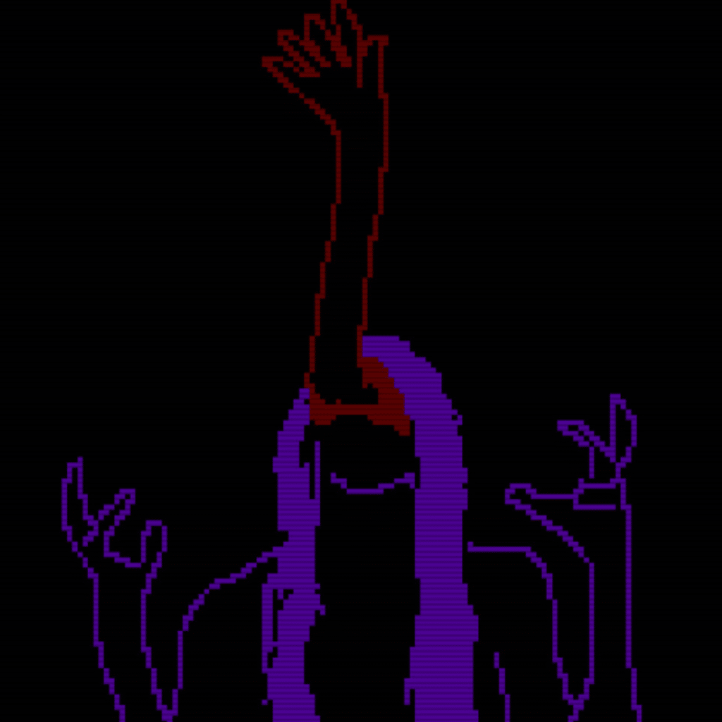 A pixelated character has an arm reaching out of their mouth