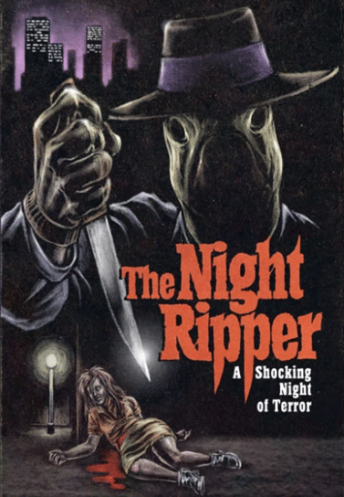 The cover for a game that reads "The night ripper" feating a masked man with a knife and a dead body in front of a city scape