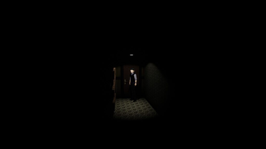 A detective stands in a dimly lit hallways, hard shadows all around him. 
