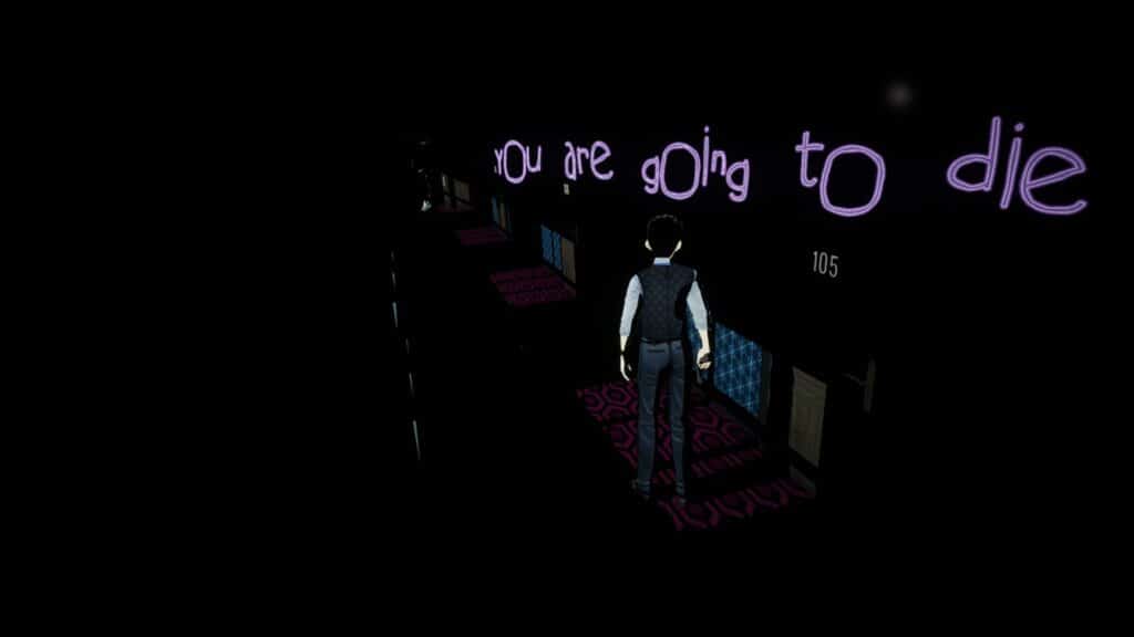 A detective walks down a dark hallways. Purple text reads "You are going to die"