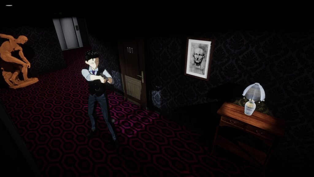 A detective aims his gun down a dark hallway