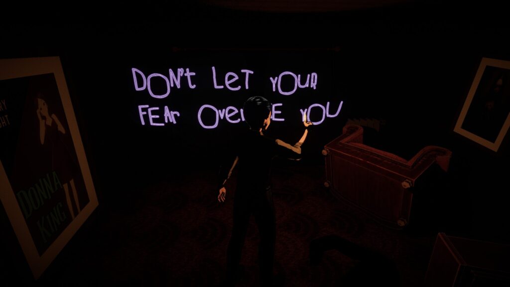A detective holds a lighter in a dark room. Purple text on the wall reads "Don't let your fear overcome you"