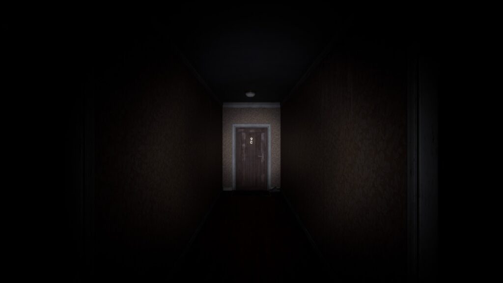A door to an apartment sits closed at the end of a long, dark hallway