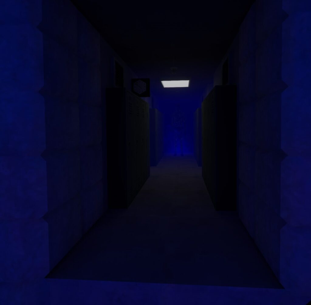 A dark figure looms in the back of a darkly lit hallway