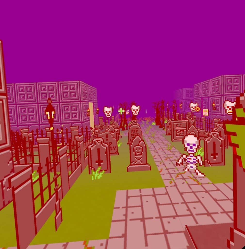 Sprite styled skeletons appreach the player in a low-poly graveyard