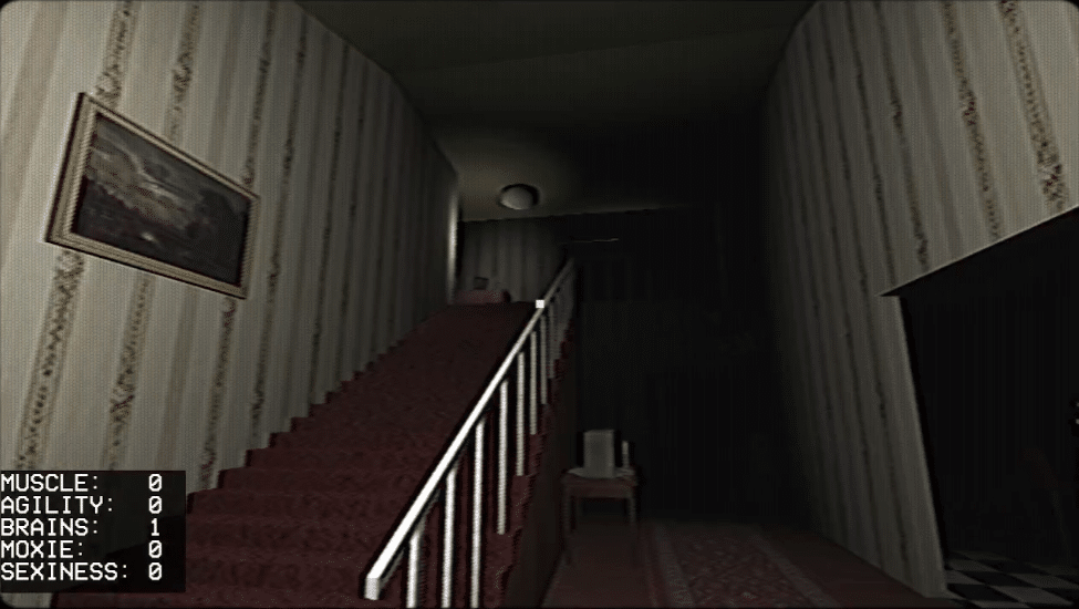 Ding Dong Dead: A picture of a dimly lit room, with a staircase leading to the 2nd floor
