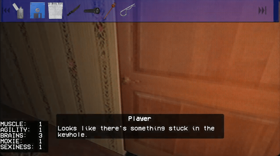 A player is looking at a locked door, text reads "Looks like there is something stuck in the keyhole"