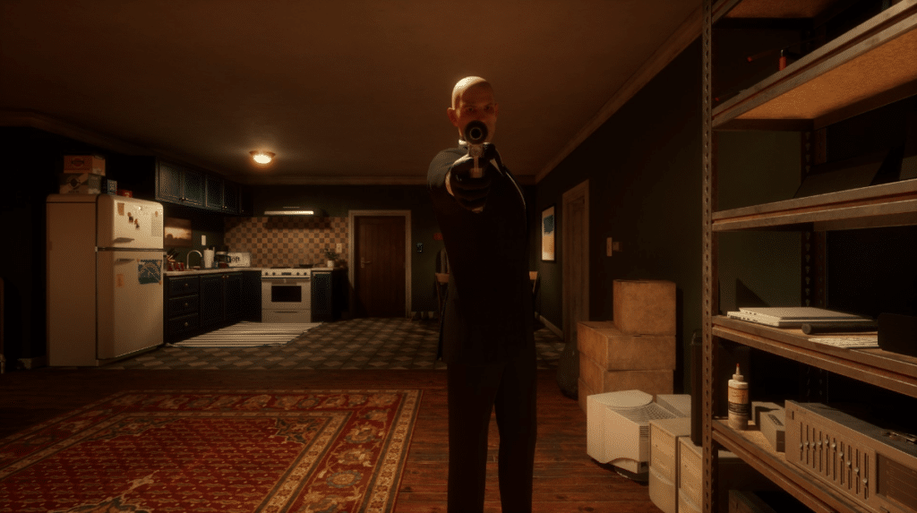 A hitman wearing a black suit aims his gun at the player 