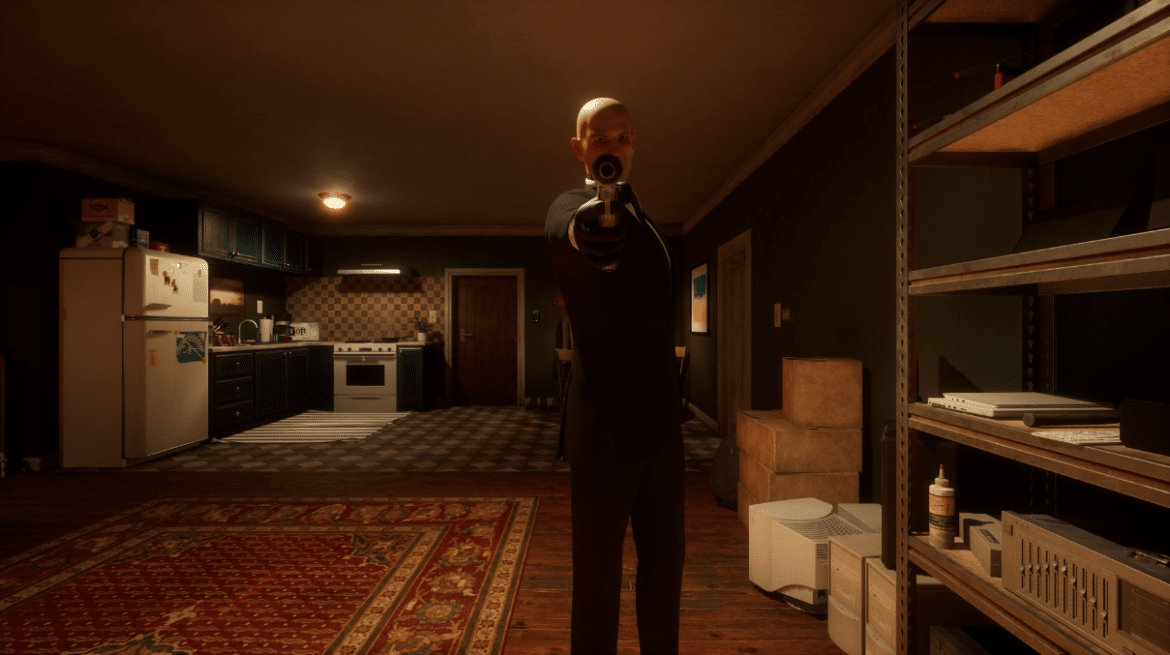 A hitman wearing a black suit aims his gun at the player