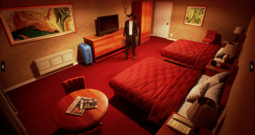 A man in a dark suit and wide brimmed hat stands in a hotel room looking at the player 