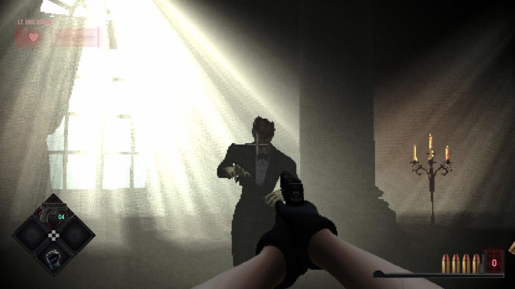A zombie stumbles toward the player who has their gun drawn. 