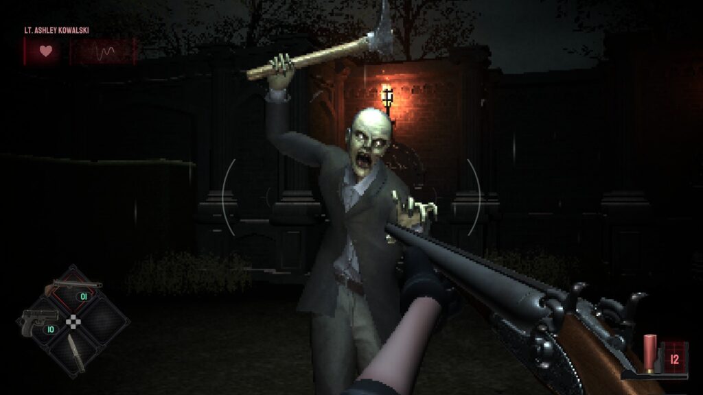 An axe-weilding zombie lunges at the player