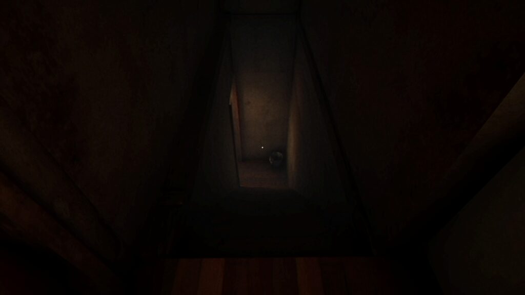 A dark staircase leads to a dooway, where soft light is flooding in. 