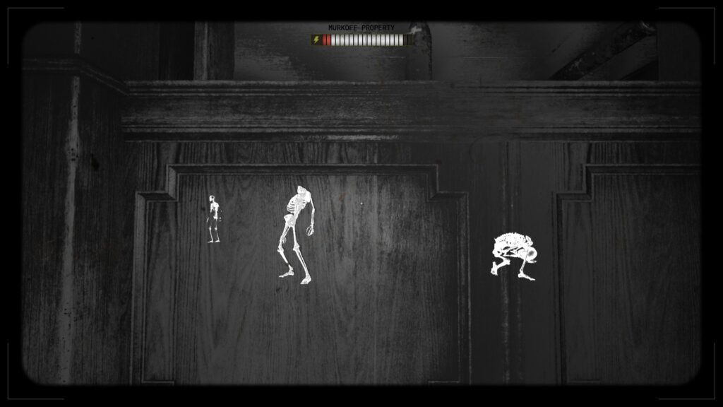 The skeletons of three enemies standing in a courthouse can be seen via Xray vision