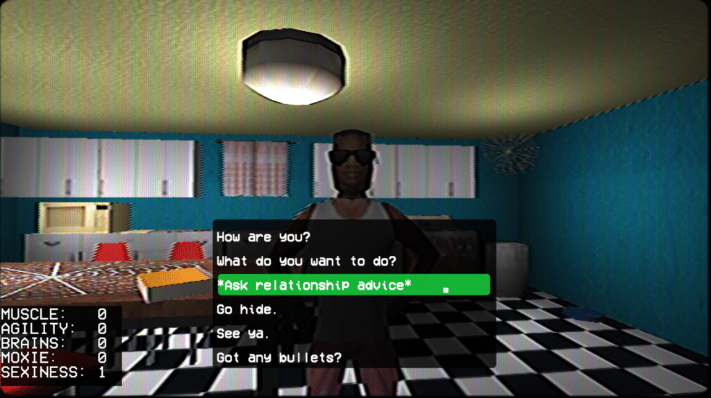 A man is standing in a kitchen, multiple dialoge choices are center screen