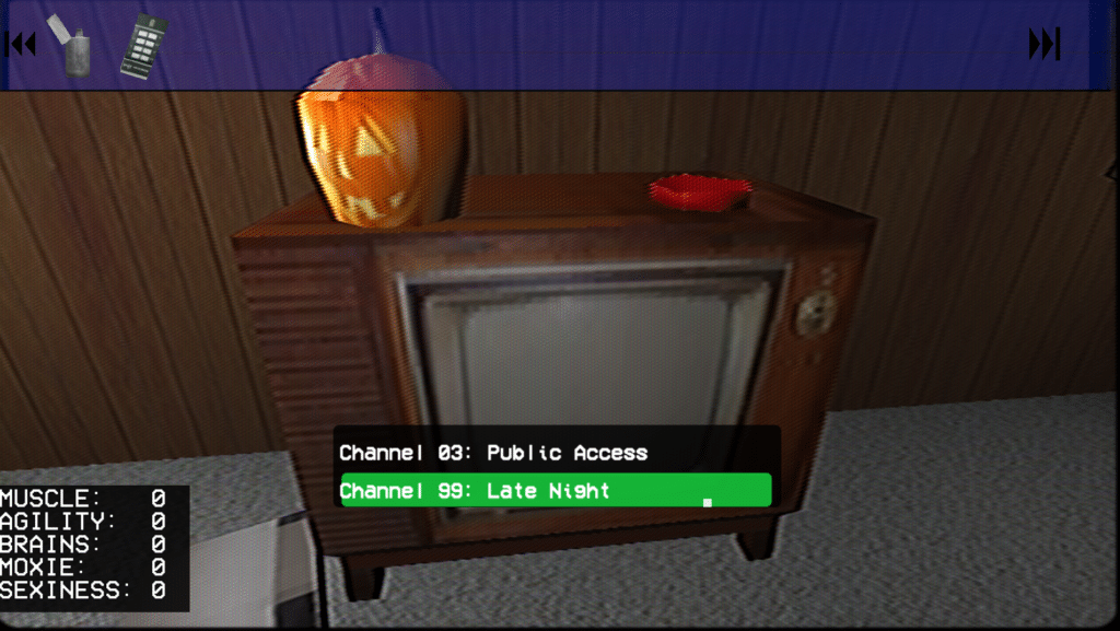 A tv sits in a living room, with a pumpkin on top. 