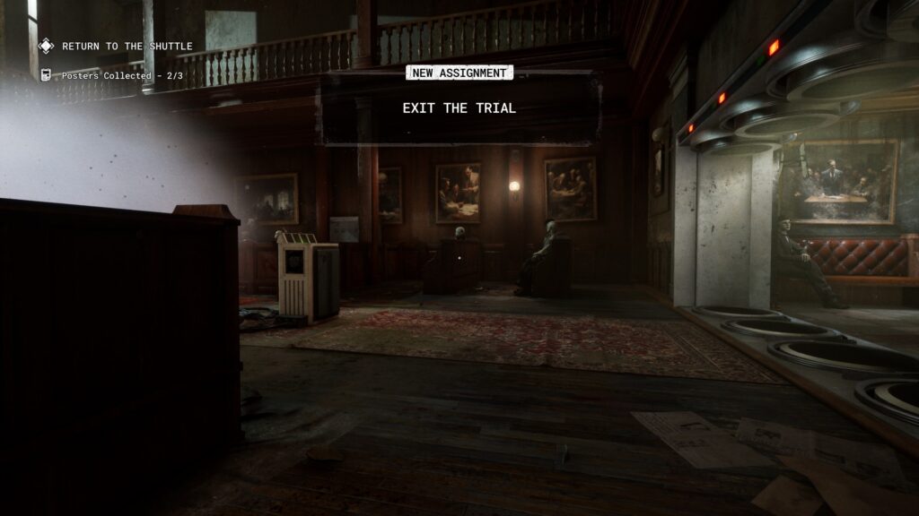 The player hides in the back of a bloody courtroom