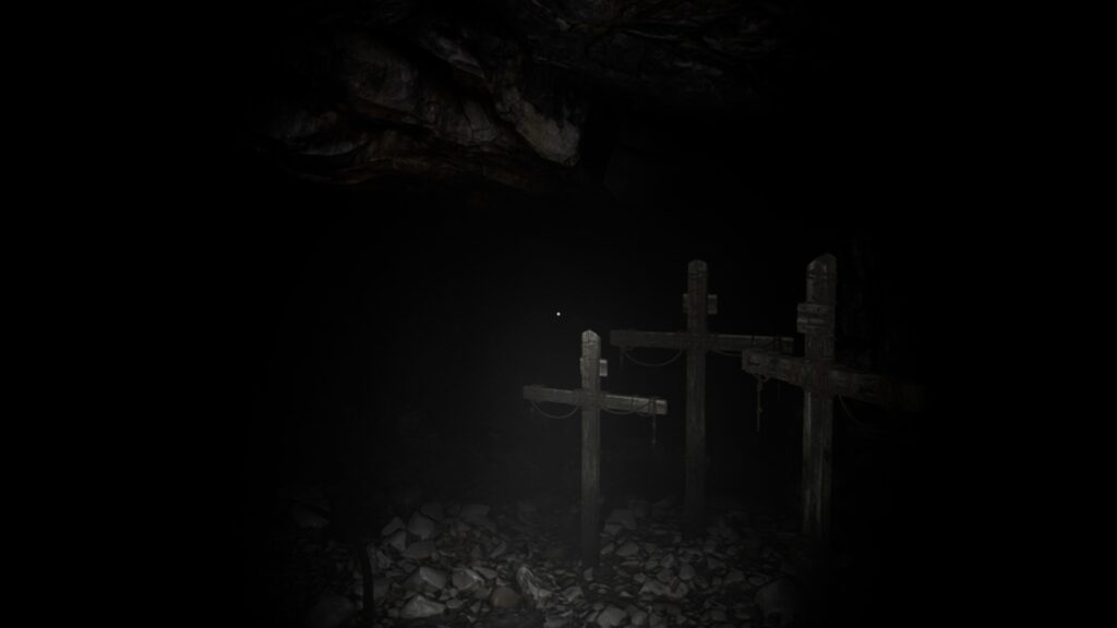 A few crosses mark gravesites, illuminated by a flashlight