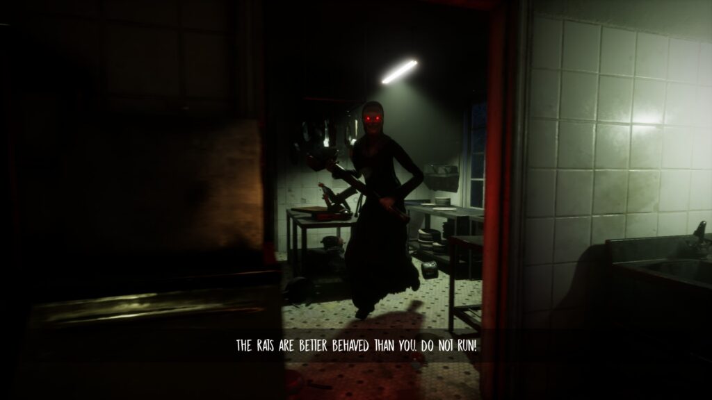 A nun with red eyes wields a hammer and approaches the player 