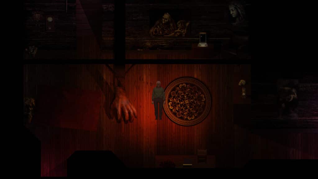 A top-down view of the player character standing in a dark red mansion. Various macabre itmes strewn about like severed hand and satanic drawings