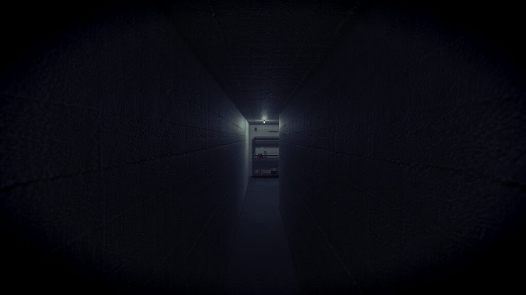 A long dark maintenance tunnel is illuminated by flashlight